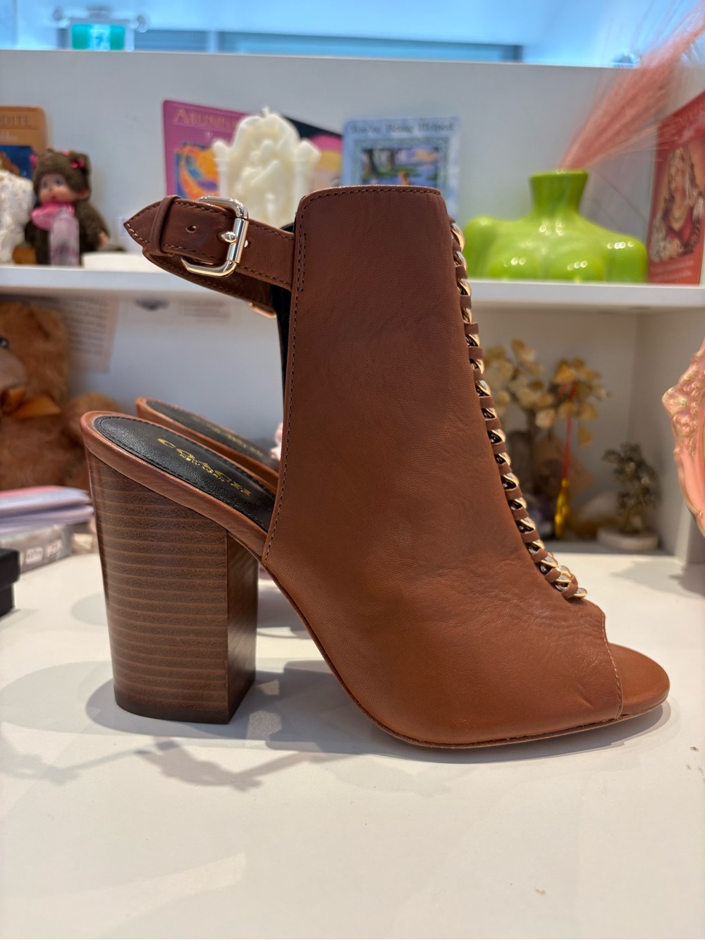 Coach Brown Peep-Toe Chain Detail Block Heels | Size 8.5